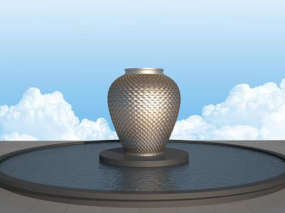 Metallic Textured Ceramic Vase On Black Base In Circular Pool With Blue Sky White Clouds 3d model