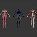 Three Female Futuristic Mech Characters In Pink Black And Orange Armor Standing Pose Design