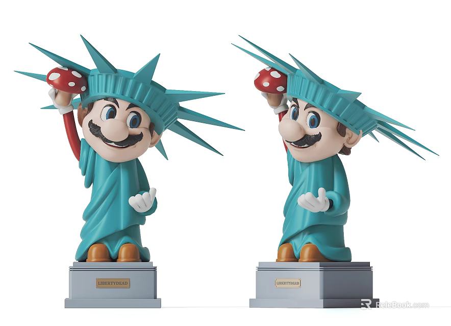Two Piece Mario Statue of Liberty Decorative Figurine Set with Red Mushroom and Base 3d model 