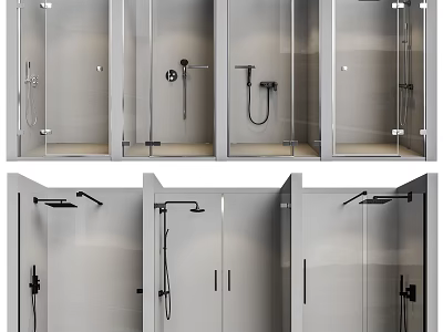 Modern Shower Sauna Interior With Glass Doors Multiple Shower Heads And Tile Walls 3d model