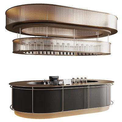 Modern Circular Bar With Overhead Glass Rack Dark Counter And Coffee Machine 3d model