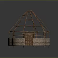 Circular Building Structure With Stone Walls Wooden Frame And Wooden Door On Earthen Ground
