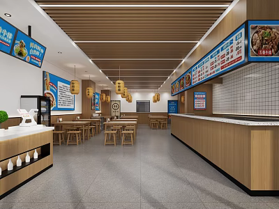 Modern Restaurant Interior With Open Kitchen Menu Boards Wooden Tables And Pendant Lights 3d model