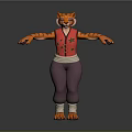 3D Tiger Character in Red Vest Purple Pants Standing with Arms Outstretched on Gray Background