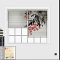 Venetian Blinds in Window with Red Flowers Decor Modern Interior Wooden Floor and Marble Column