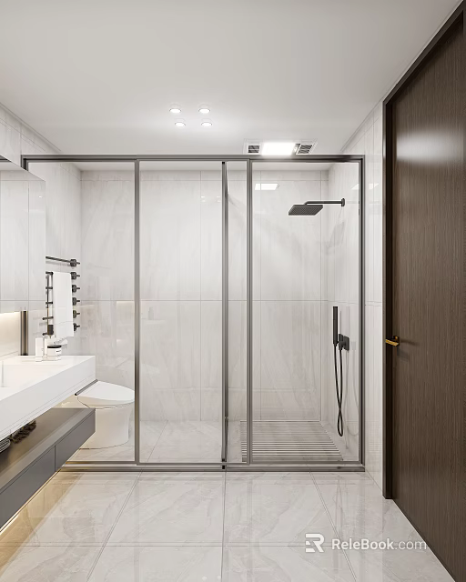 Modern Bathroom Interior Design With Glass Shower Enclosure White Tiles Vanity Toilet And Ceiling Lighting 3d model 