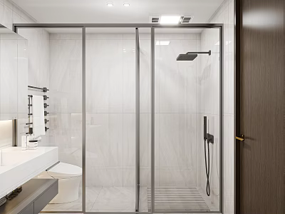Modern Bathroom Interior Design With Glass Shower Enclosure White Tiles Vanity Toilet And Ceiling Lighting 3d model