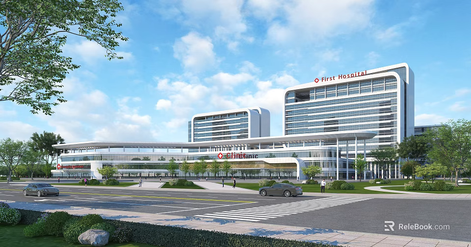 Modern First Hospital Building Exterior With Glass Curtain Walls Greenery Road Vehicles And Blue Sky 3d model 