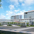 Modern First Hospital Building Exterior With Glass Curtain Walls Greenery Road Vehicles And Blue Sky