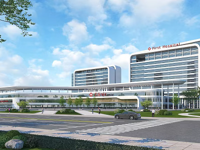 Modern First Hospital Building Exterior With Glass Curtain Walls Greenery Road Vehicles And Blue Sky 3d model