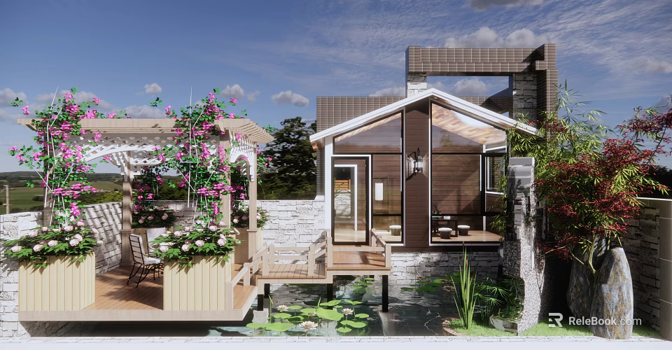 Beautiful Courtyard Garden with Wooden Terrace Flower Trellis Glass Sunroom Small Pond and Water Lilies 3d model 