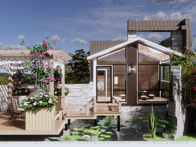 Beautiful Courtyard Garden with Wooden Terrace Flower Trellis Glass Sunroom Small Pond and Water Lilies 3d model