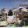 Beautiful Courtyard Garden with Wooden Terrace Flower Trellis Glass Sunroom Small Pond and Water Lilies