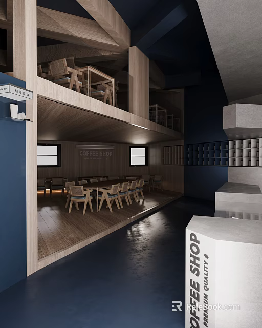 Loft Style Coffee Shop Interior With Wooden Furniture Natural Light And Dark Walls 3d model 