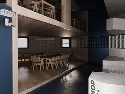 Loft Style Coffee Shop Interior With Wooden Furniture Natural Light And Dark Walls 3d model