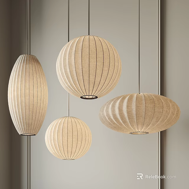 Beige Fabric Pendant Lights with Striped Design Four Oval Round Shapes Modern Interior 3d model 