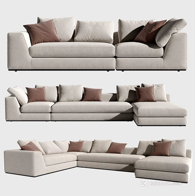 Modern Light Colored Fabric Sectional Sofa Set With Multiple Brown Throw Pillows 3d model