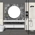 Modern Bathroom Interior With Round Mirror Marble Countertop And Glass Shower Area