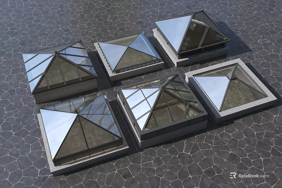 Modern Glass Skylights with Various Architectural Designs on Hexagonal Textured Ground Surface 3d model