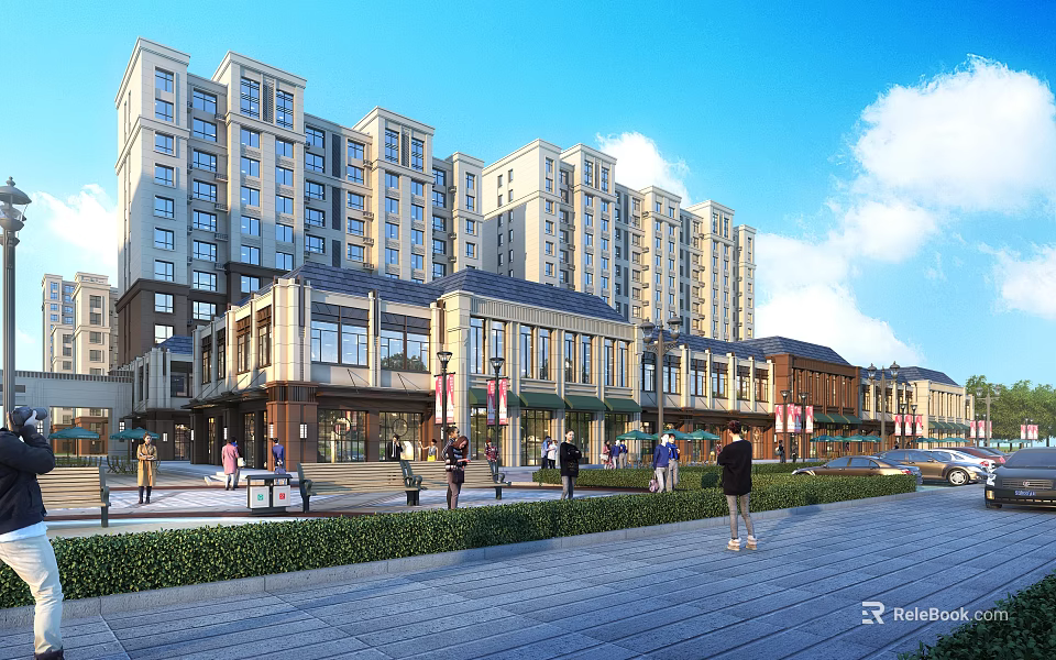 Residential Landscape Featuring High Rise Buildings Ground Floor Commercial Spaces Pedestrians And Green Walkways 3d model 
