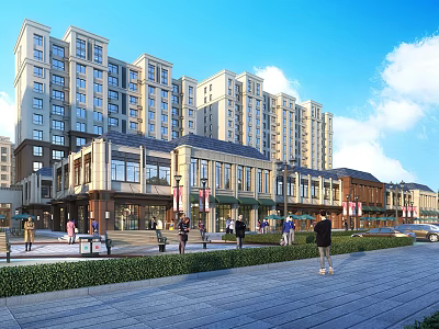 Residential Landscape Featuring High Rise Buildings Ground Floor Commercial Spaces Pedestrians And Green Walkways 3d model