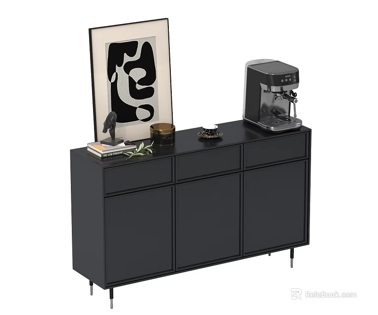 Modern Black Shoe Cabinet With Coffee Machine Decorative Painting And Decorative Items 3d model 