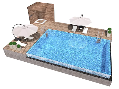 Outdoor Lounge Chairs by Swimming Pool with Umbrella and Wooden Deck 3d model