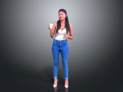 Woman Wearing White Tank Top Blue Jeans High Heels Holding White Cup Against Gray Background 3d model