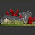 Natural Outdoor Scene With Skull Bones Gray Rocks Red Flowers And Green Grass