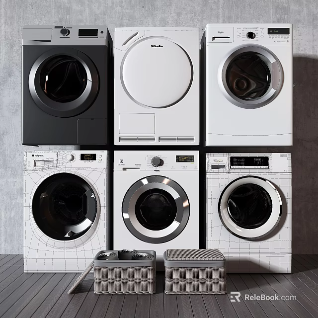 Front Load Washing Machines With Modern Designs Different Colors And Control Panels 3d model
