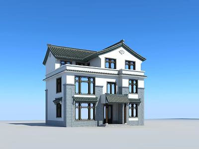 Chinese Style Two Story Detached Villa With Tile Roof And Porch Windows 3d model
