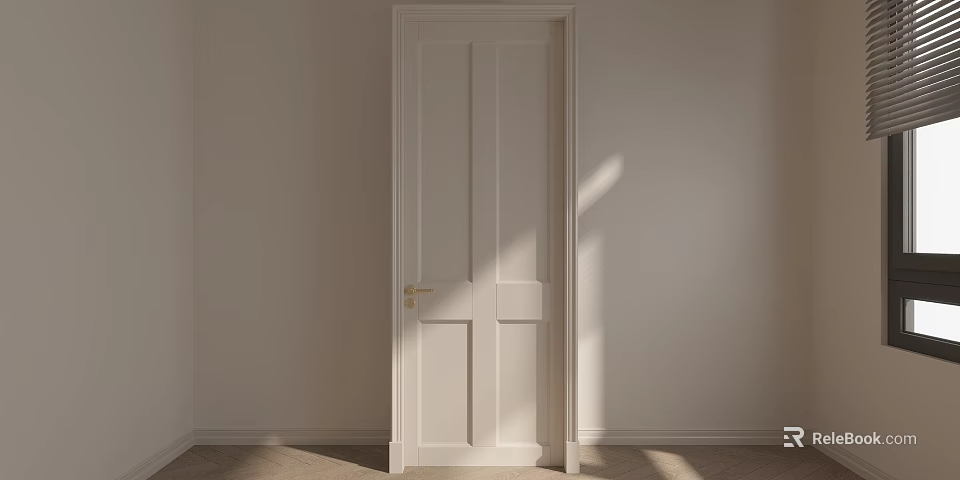 White Hinged Door With Simple Panel Design And Golden Handle In Modern Interior 3d model 