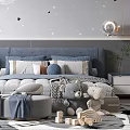 Starry Sky Themed Kids Room In Blue Tones With Bed Desk Chair Toys And Bookshelf