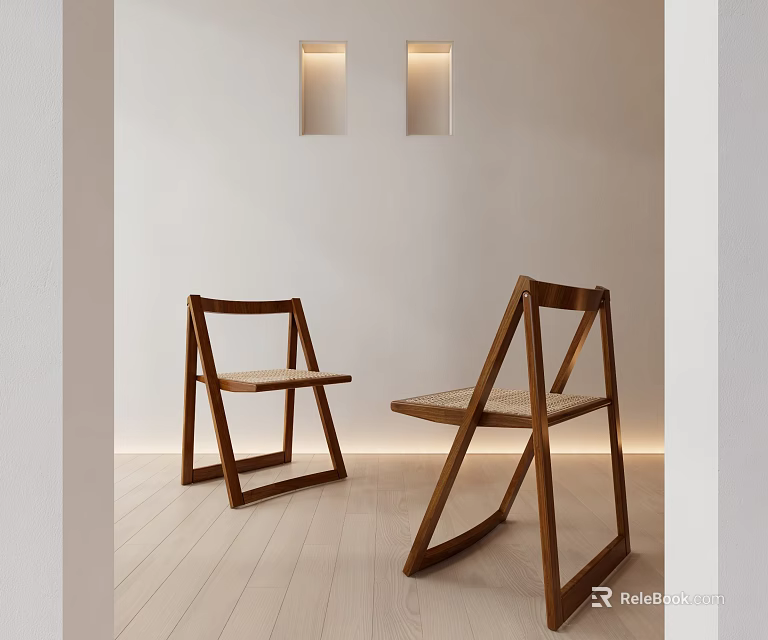 Modern Wooden Dining Chairs With Woven Seats In Light Interior Space With Wall Lighting 3d model 