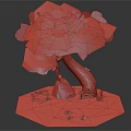 Cartoon Scene With Big Tree Green Leaves Rock Small Creature On Grass And Red Mushrooms