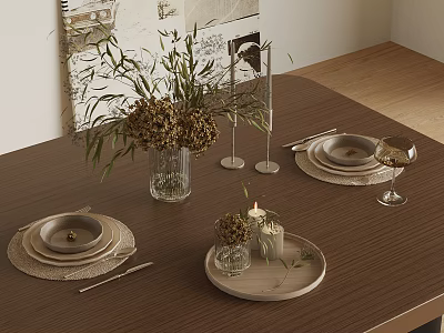 Elegant Wooden Dining Table Setup With Tableware Vase Flowers Candles And Wine Glasses 3d model