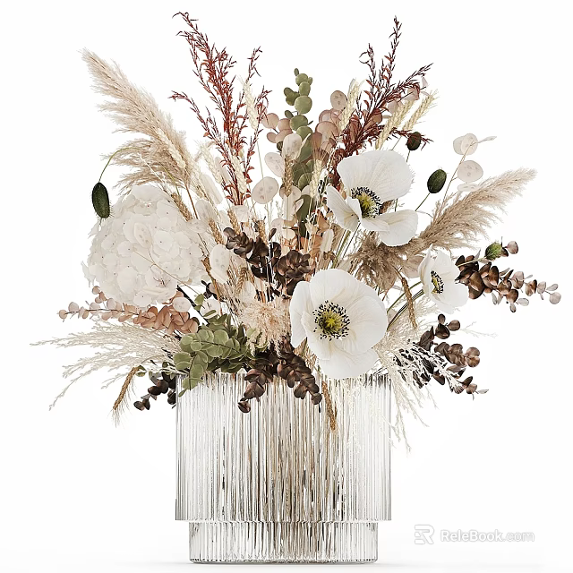 Natural Style Decorative Ornament Arrangement With Dried Pampas Grass And White Flowers In Silver Tassel Vase 3d model 