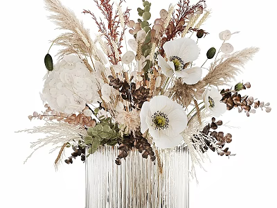 Natural Style Decorative Ornament Arrangement With Dried Pampas Grass And White Flowers In Silver Tassel Vase 3d model