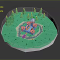 Cartoon Scene With Central Castle Surrounded By Green Trees Circular Landscape Pathway And Water Elements
