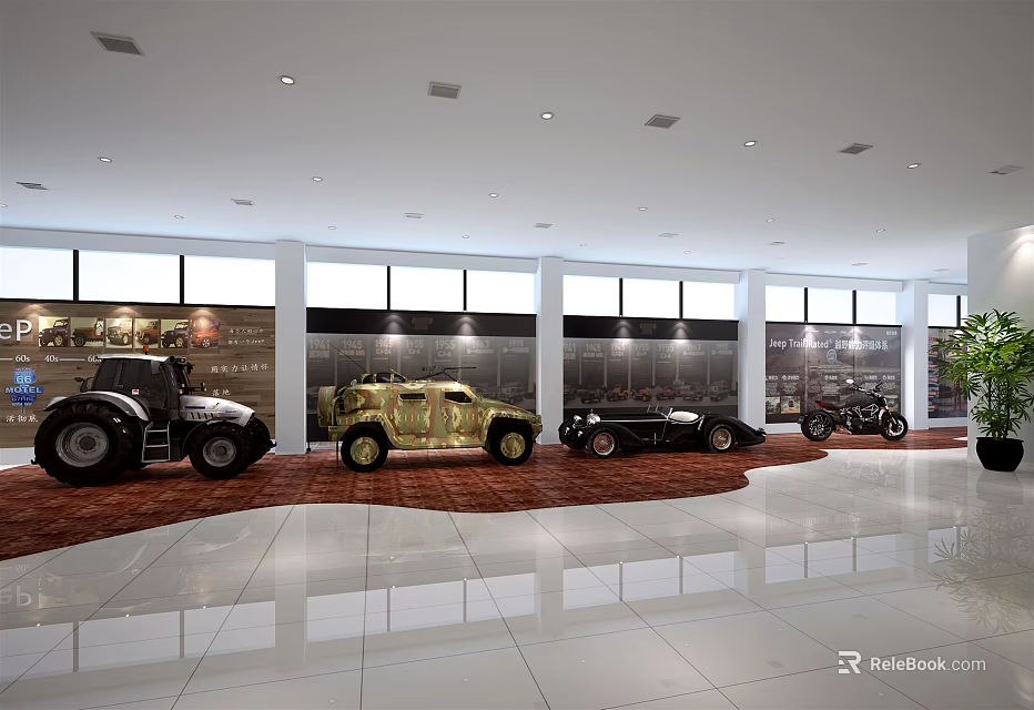 Bright Spacious 4S Showroom With Cars Golden Car Tractor Red Carpet Large Windows Smooth Floor 3d model 