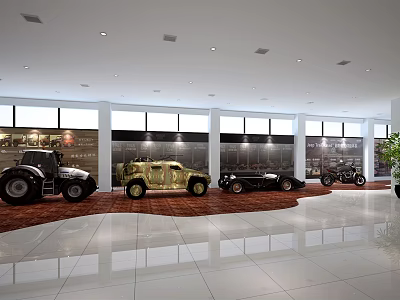 Bright Spacious 4S Showroom With Cars Golden Car Tractor Red Carpet Large Windows Smooth Floor 3d model