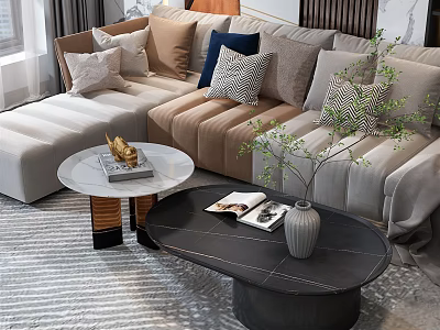 Modern Sectional Sofa With Multiple Cushions Coffee Tables Green Plant And Magazines 3d model