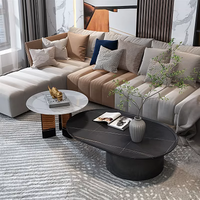 Modern Sectional Sofa With Multiple Cushions Coffee Tables Green Plant And Magazines 3d model