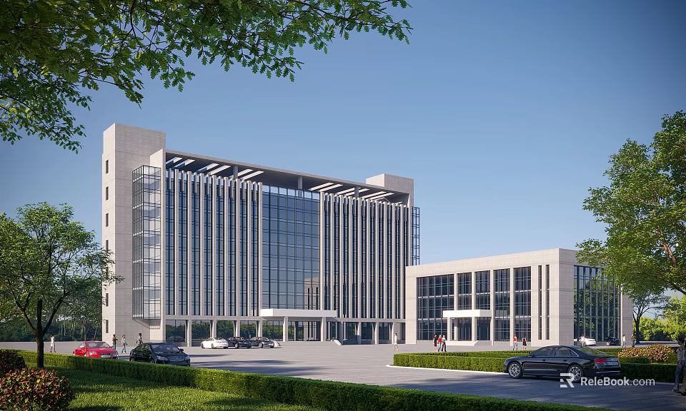 Modern Office Building With Glass Curtain Wall Stone Facade Parking Area Greenery And Pedestrians 3d model 