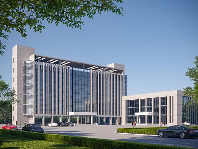 Modern Office Building With Glass Curtain Wall Stone Facade Parking Area Greenery And Pedestrians 3d model