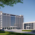 Modern Office Building With Glass Curtain Wall Stone Facade Parking Area Greenery And Pedestrians