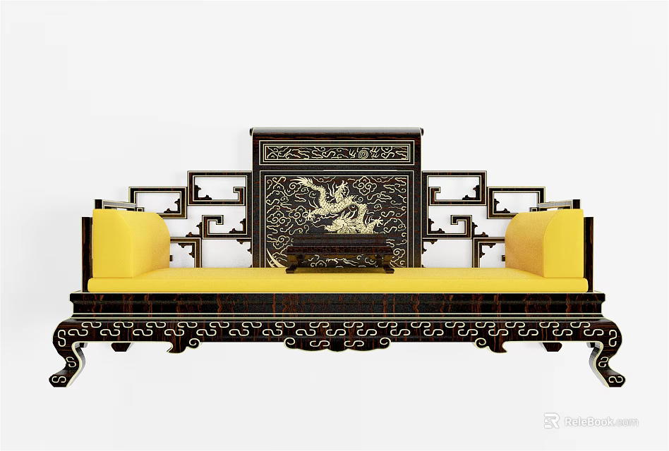 Traditional Chinese Luohan Bed With Black Carved Frame And Yellow Cushions 3d model 