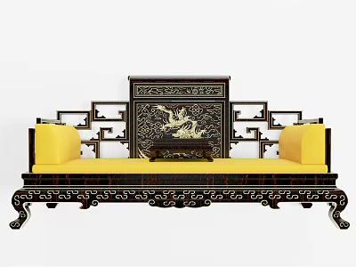Traditional Chinese Luohan Bed With Black Carved Frame And Yellow Cushions 3d model