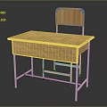Wooden Student Desk With Metal Frame And Matching Chair Backrest Design