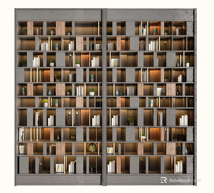 Modern Storage Shelving Units With Wooden Metal Frame And Multi Layer Books Plants Decorations 3d model 